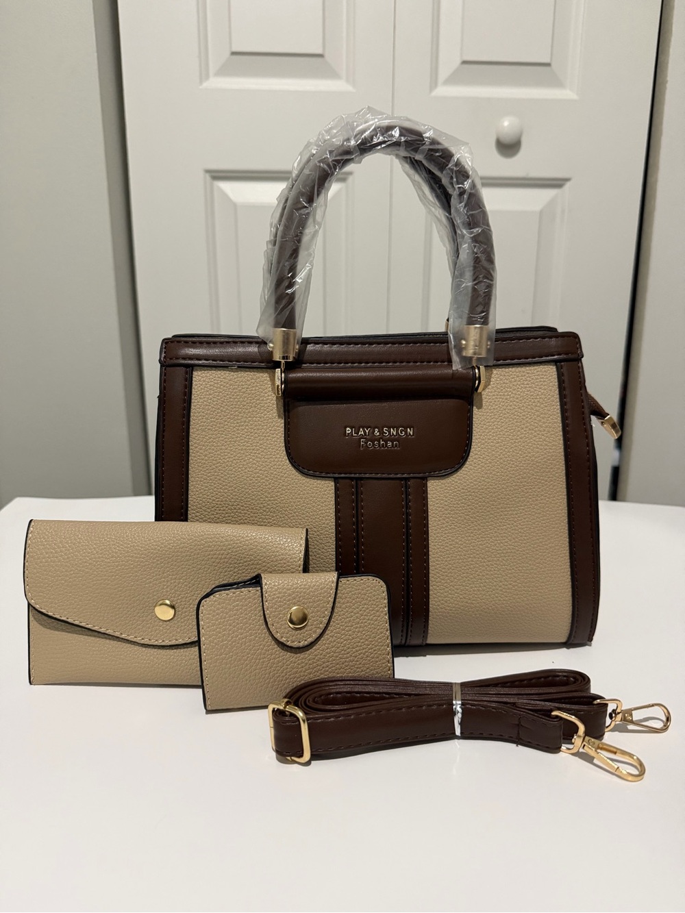 PLAY & SINGN Beige and Brown Structured Satchel Bag Set